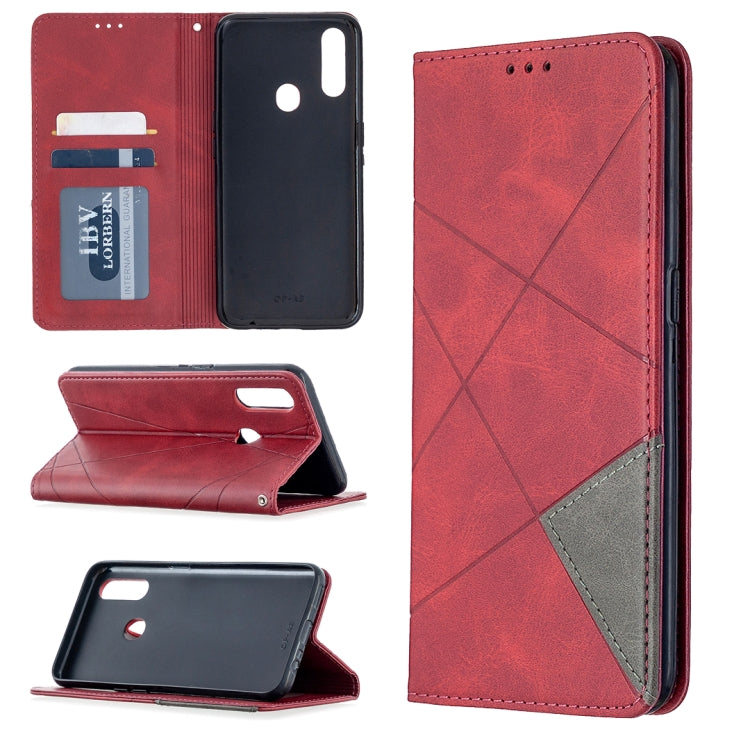 Red leather magnetic flip phone case with rhombus pattern, card slots, stand view