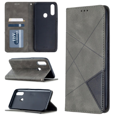 Gray magnetic leather flip phone case with card slots and rhombus texture, phone-back closeup