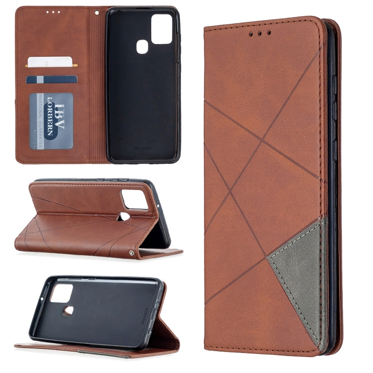 Brown flip leather phone case with rhombus texture, card slots, and magnetic clasp.
