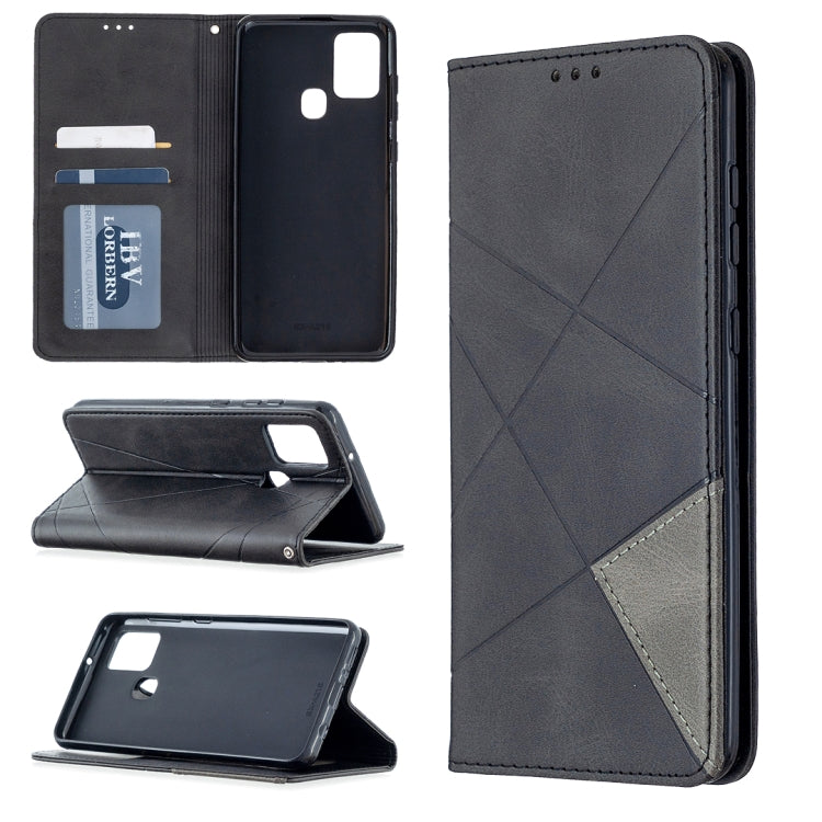 Black leather magnetic flip phone case with rhombus pattern, card slots, stand view