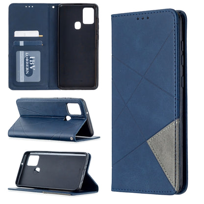 Blue magnetic leather flip phone case with card slots and rhombus texture, front view
