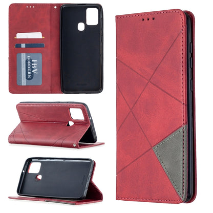 Red magnetic leather flip phone case with card slots and rhombus texture, side flip view