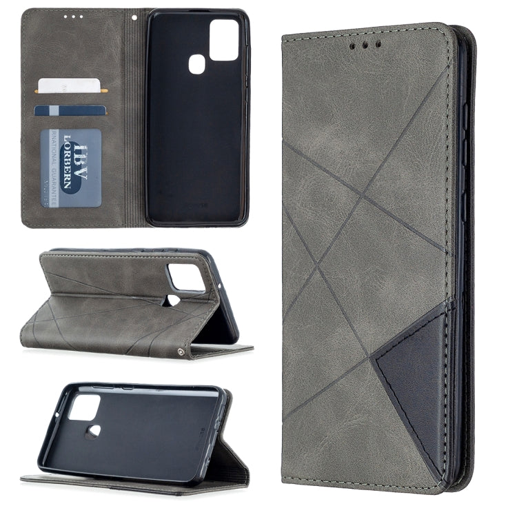 Gray magnetic leather flip phone case with card slots and rhombus texture, angled stand view