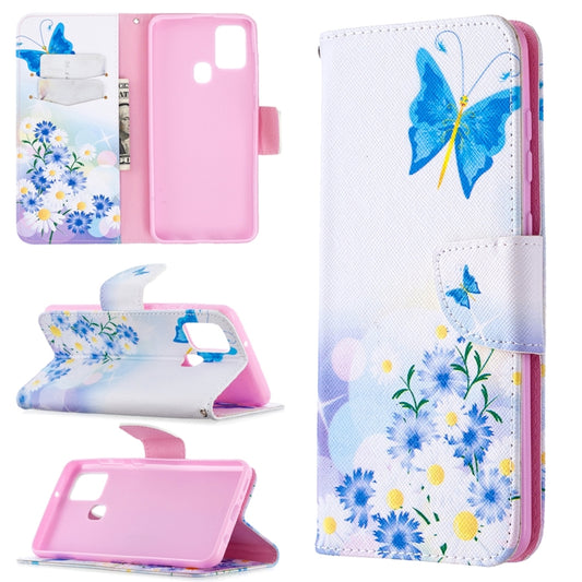 Phone wallet flip case with blue butterfly floral print, pink interior, card slots and holder
