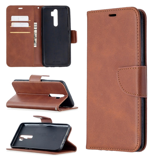 Brown PU leather flip phone wallet case with card slots and stand, showing open and closed views