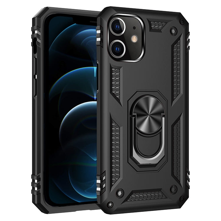 Black rugged phone case with TPU/PC shell and rotating ring holder