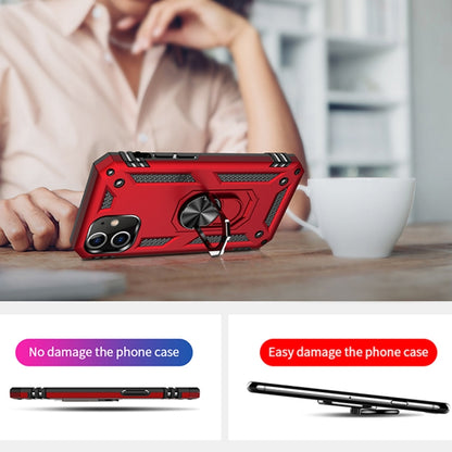 Red shockproof phone case with rotating ring, textured grip, and bumper edges