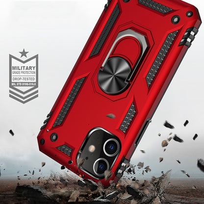Red rugged phone case with metal-look ring, drop-protection corners, and camera guard