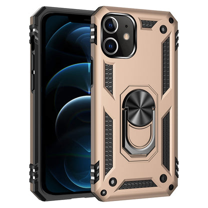 Shockproof TPU and PC phone case with 360 rotating holder, champagne with black textured panels