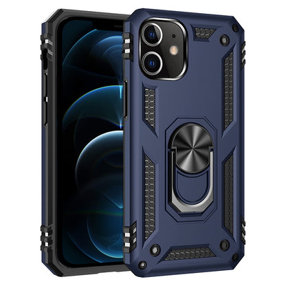 Navy rugged phone case with rotating ring holder and textured side ridges
