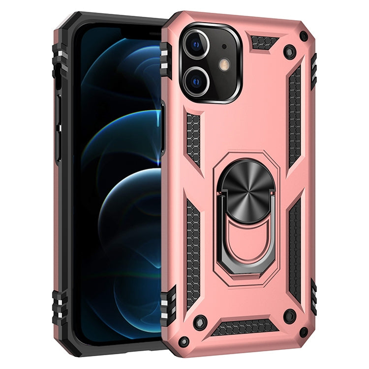 Shockproof TPU+PC phone case in rose pink with 360° rotating ring holder and camera cover