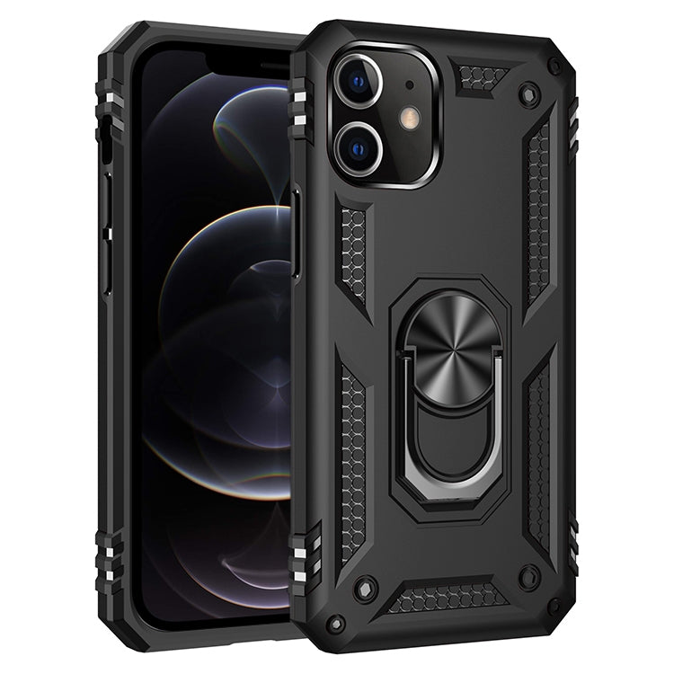 Black rugged phone case with textured grip and rotating ring holder