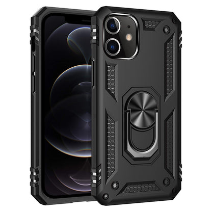 Black rugged phone case with textured grip and rotating ring holder