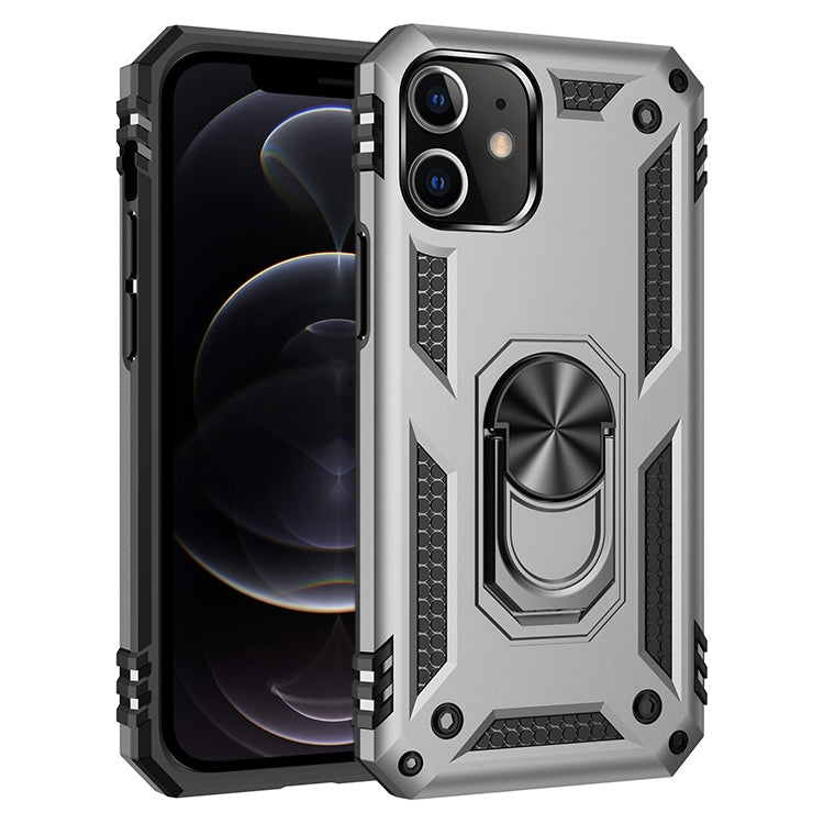 Silver rugged phone case with raised camera edges and 360 rotating holder