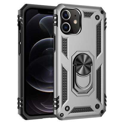 Silver rugged phone case with raised camera edges and 360 rotating holder