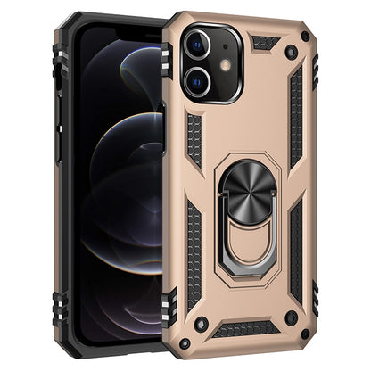 Shockproof TPU and PC phone case with 360 rotating holder, tan-champagne with black edges