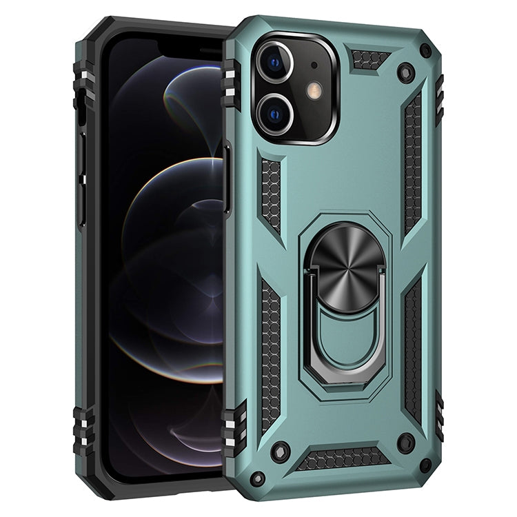 Shockproof TPU and PC phone case with 360 rotating holder, teal shell with textured side rails