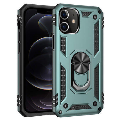 Shockproof TPU and PC phone case with 360 rotating holder, teal shell with textured side rails