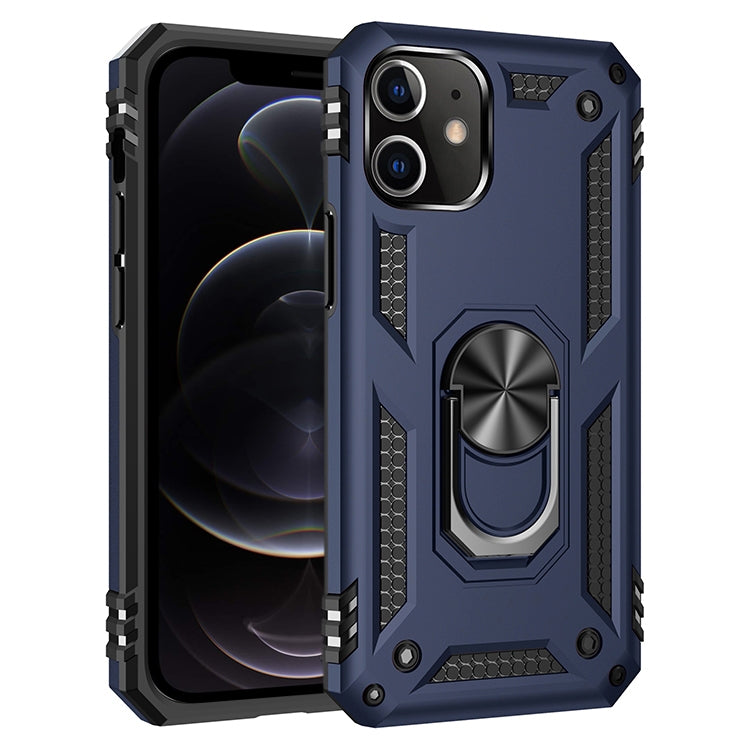 Navy rugged phone case with rotating ring holder and dual camera opening