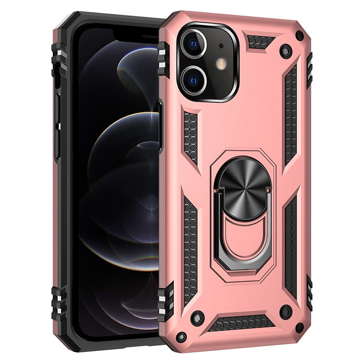Shockproof TPU+PC phone case in rose pink with textured sides and 360° rotating ring holder