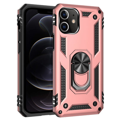 Shockproof TPU+PC phone case in rose pink with textured sides and 360° rotating ring holder
