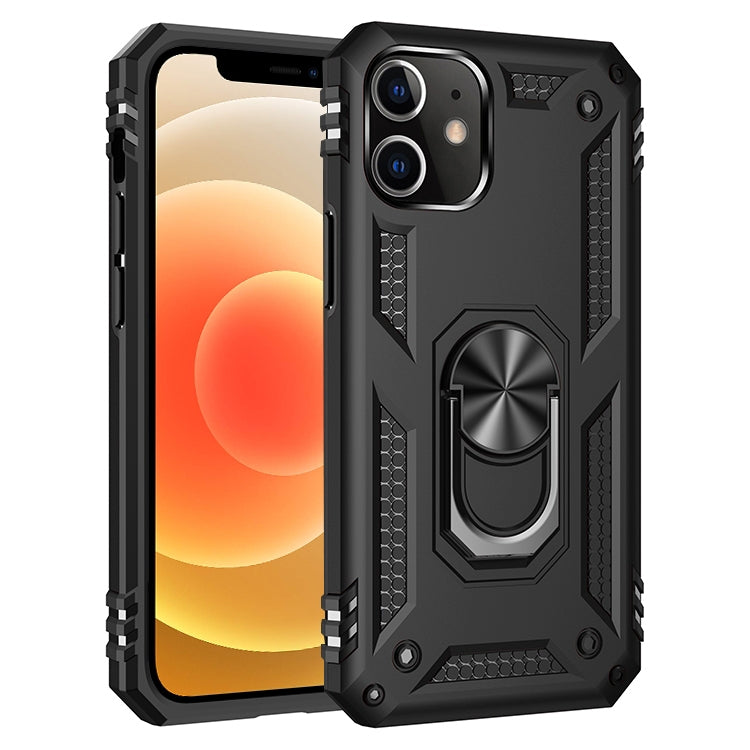 Black rugged phone case with shockproof corners and rotating ring holder