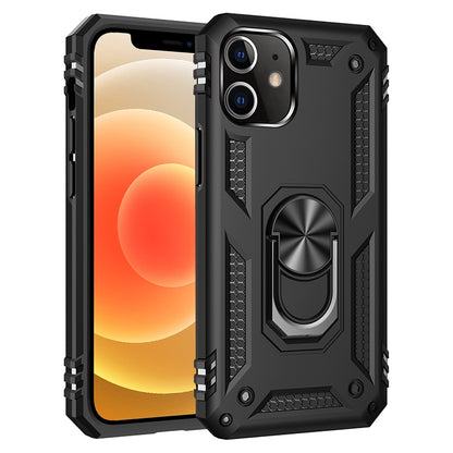 Black rugged phone case with shockproof corners and rotating ring holder