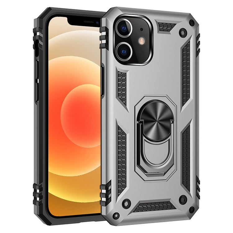 Silver shockproof phone case with textured sides and 360 rotating holder