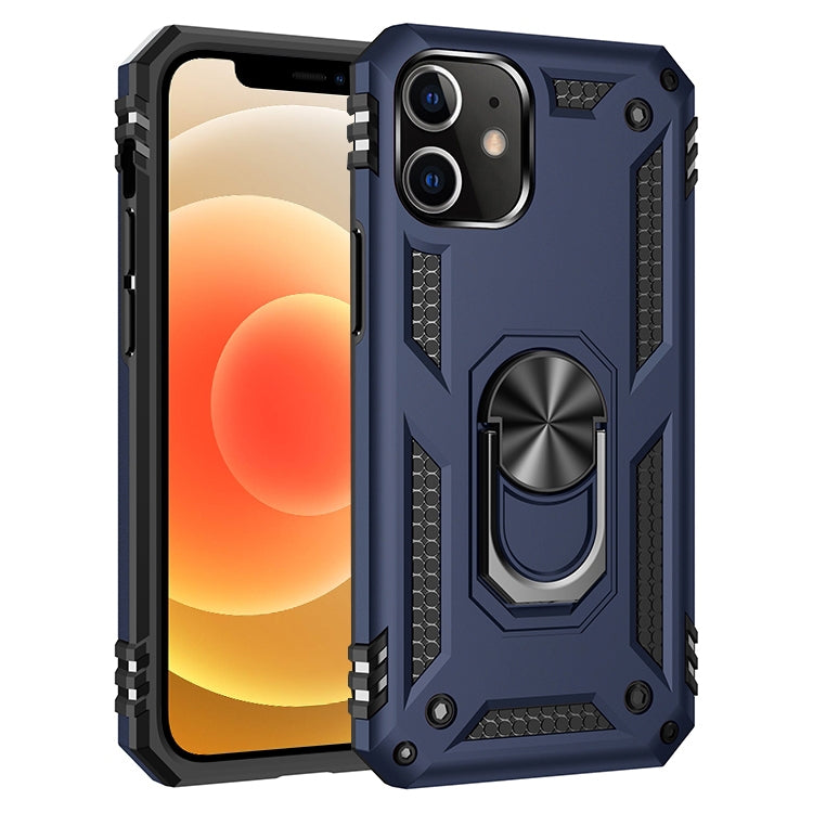 Dark blue rugged phone case with rotating ring holder and textured grip sides
