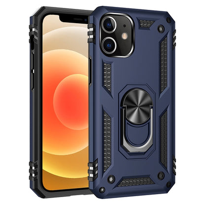 Dark blue rugged phone case with rotating ring holder and textured grip sides