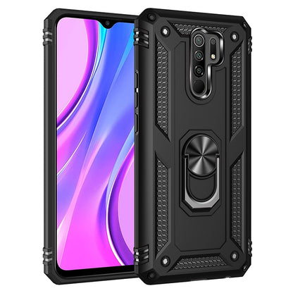 Black shockproof phone case with textured TPU grips and rotating ring holder