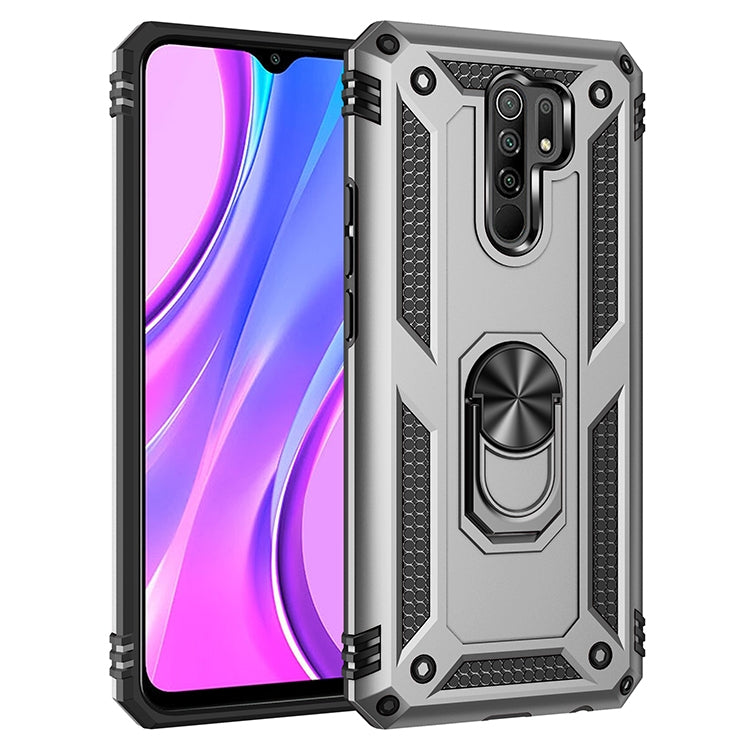 Silver armored phone case with 360 rotating holder and shockproof build