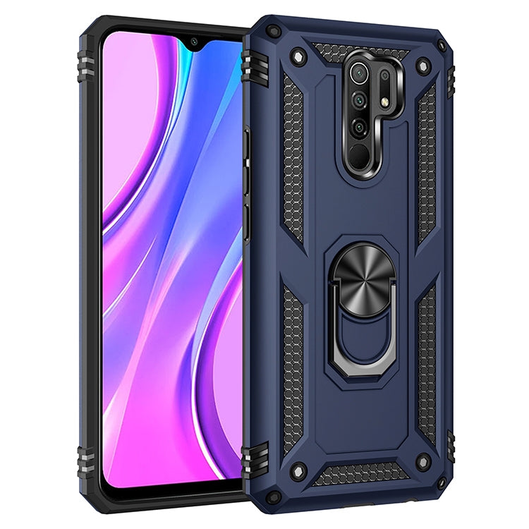 Dark blue rugged phone case with rotating ring holder and camera cutout