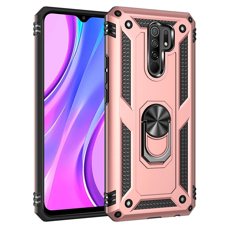 Shockproof TPU+PC phone case in rose pink with side cutouts and 360° rotating ring holder