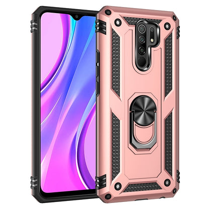 Shockproof TPU+PC phone case in rose pink with side cutouts and 360° rotating ring holder
