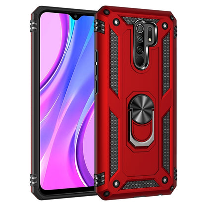 Red shockproof phone case with TPU/PC armor and rotating stand holder