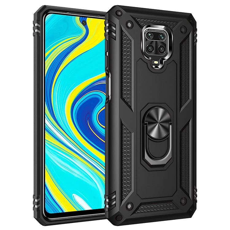 Black rugged phone case with 360 rotating holder and grippy texture
