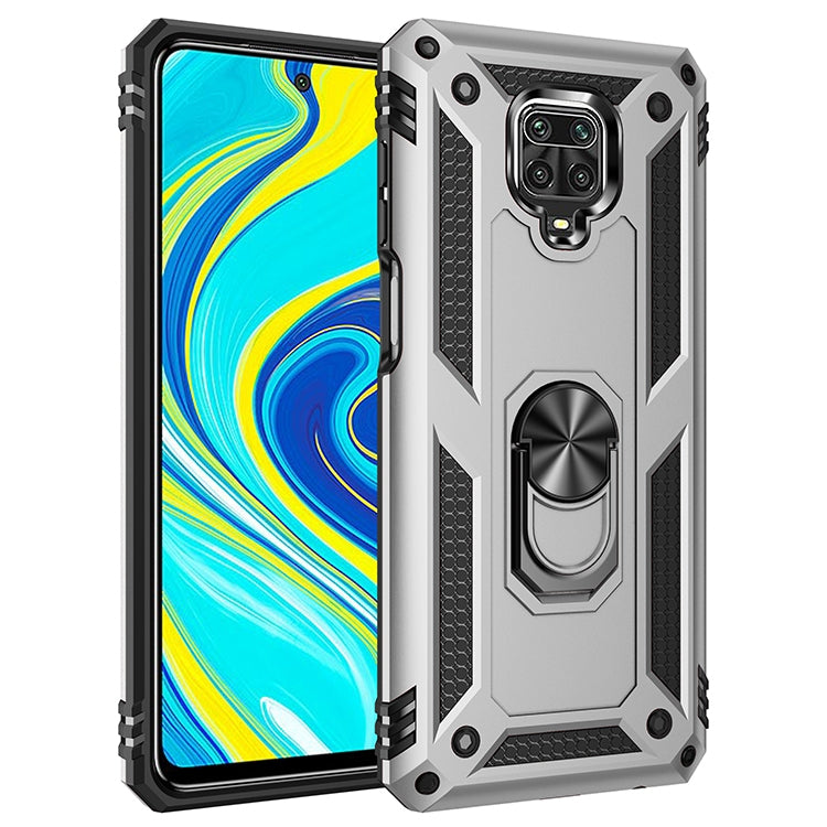 Shockproof TPU and PC phone case with 360 rotating holder, silver-gray with black corners
