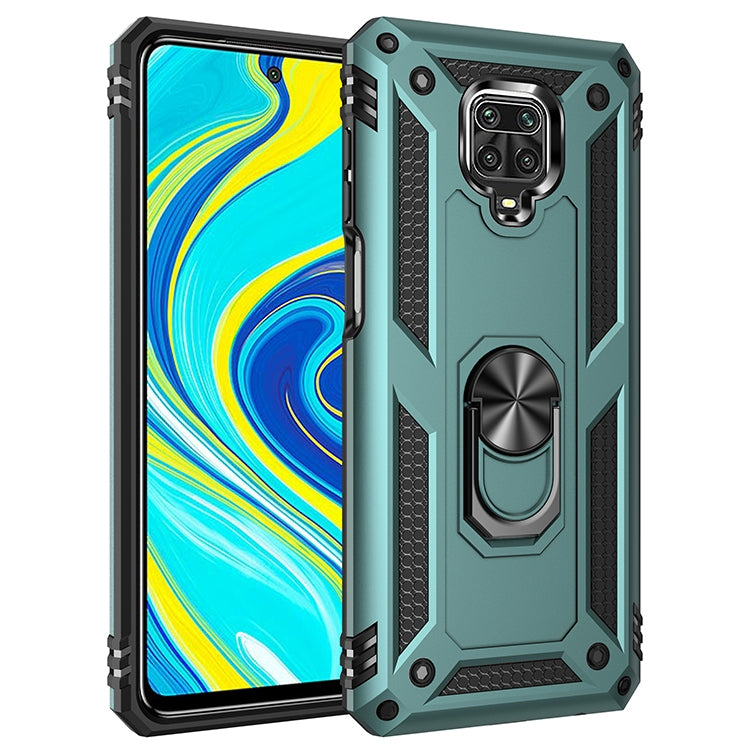 Shockproof TPU+PC phone case in green with textured grip and 360° rotating ring holder