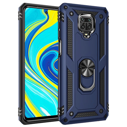 Shockproof TPU+PC phone case in dark blue with textured grip and 360° rotating ring holder