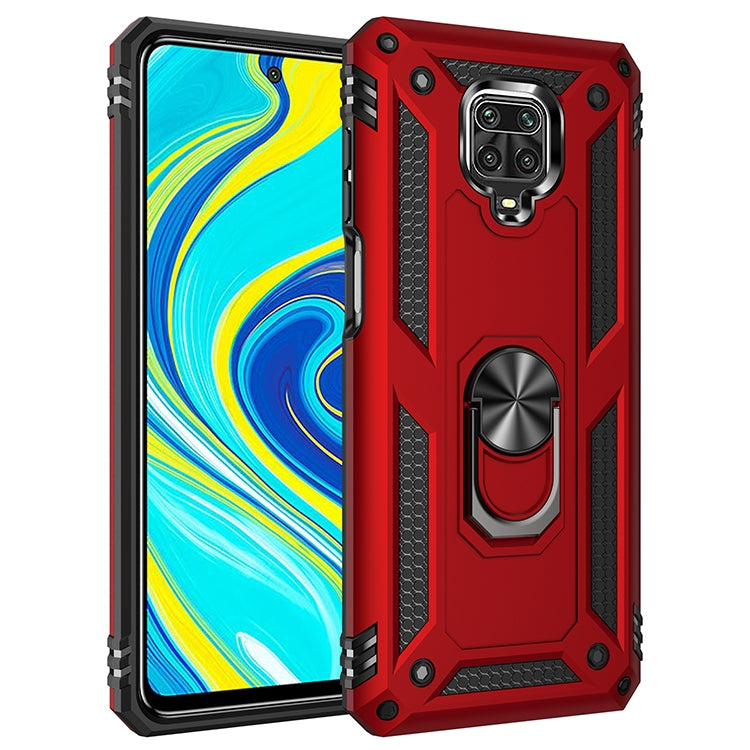 Red shockproof phone case with TPU/PC armor and rotating stand holder