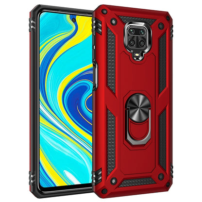 Red shockproof phone case with TPU/PC armor and rotating stand holder