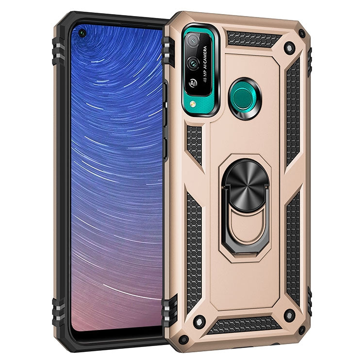 Shockproof TPU and PC phone case with 360 rotating holder, beige with teal camera trim