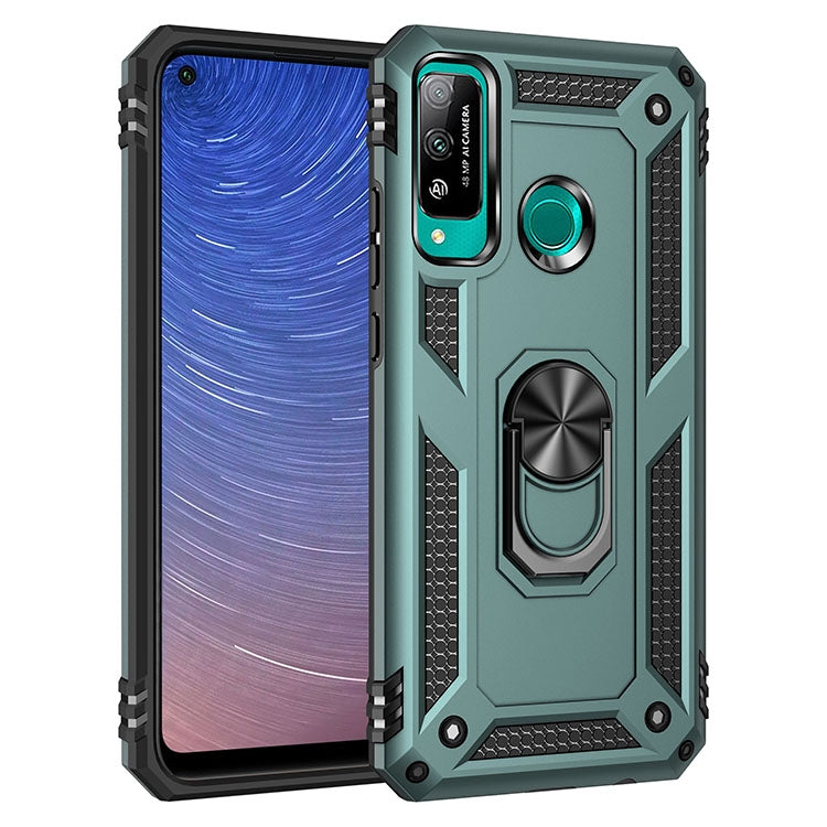 Green rugged phone case with rotating ring holder and raised camera bezel