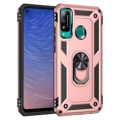 Shockproof TPU+PC phone case in rose pink with textured grip and 360° rotating ring holder