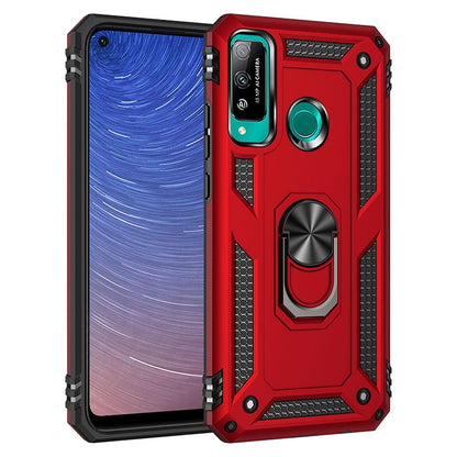 Red shockproof phone case with TPU/PC armor, rotating stand holder, teal accents