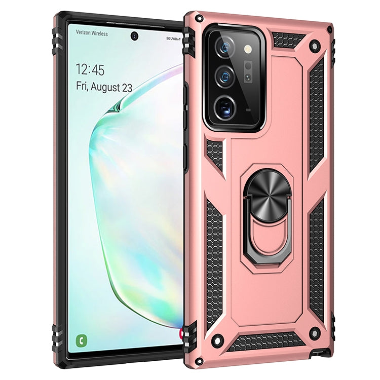 Rose pink shockproof TPU+PC phone case with 360° rotating ring holder and raised edges