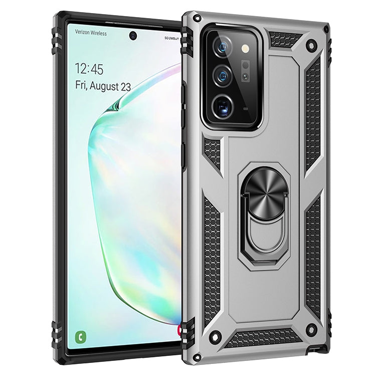 Shockproof TPU and PC phone case with 360 rotating holder, black with textured grip