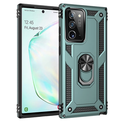 Teal rugged phone case with rotating ring holder and port openings, front and back