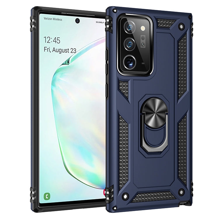 Dual-layer dark blue phone case with textured grip and 360° rotating ring holder